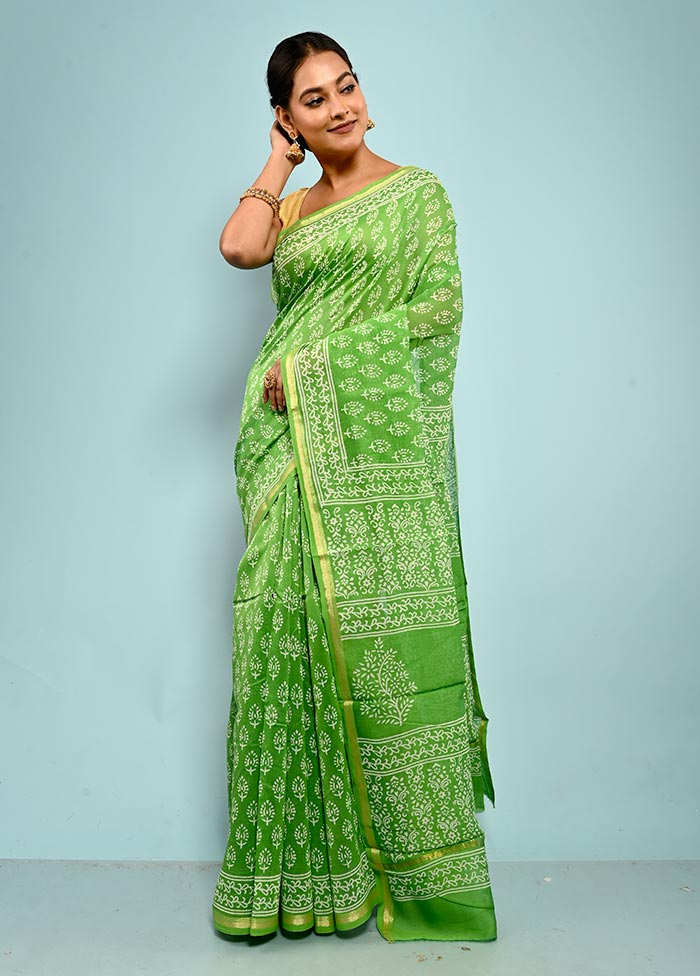 Green Chanderi Cotton Saree With Blouse Piece - Indian Silk House Agencies