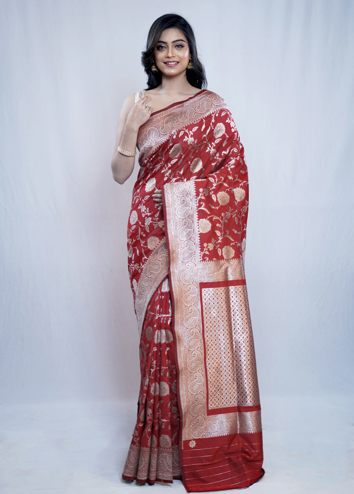 Red Katan Silk Saree With Blouse Piece - Indian Silk House Agencies