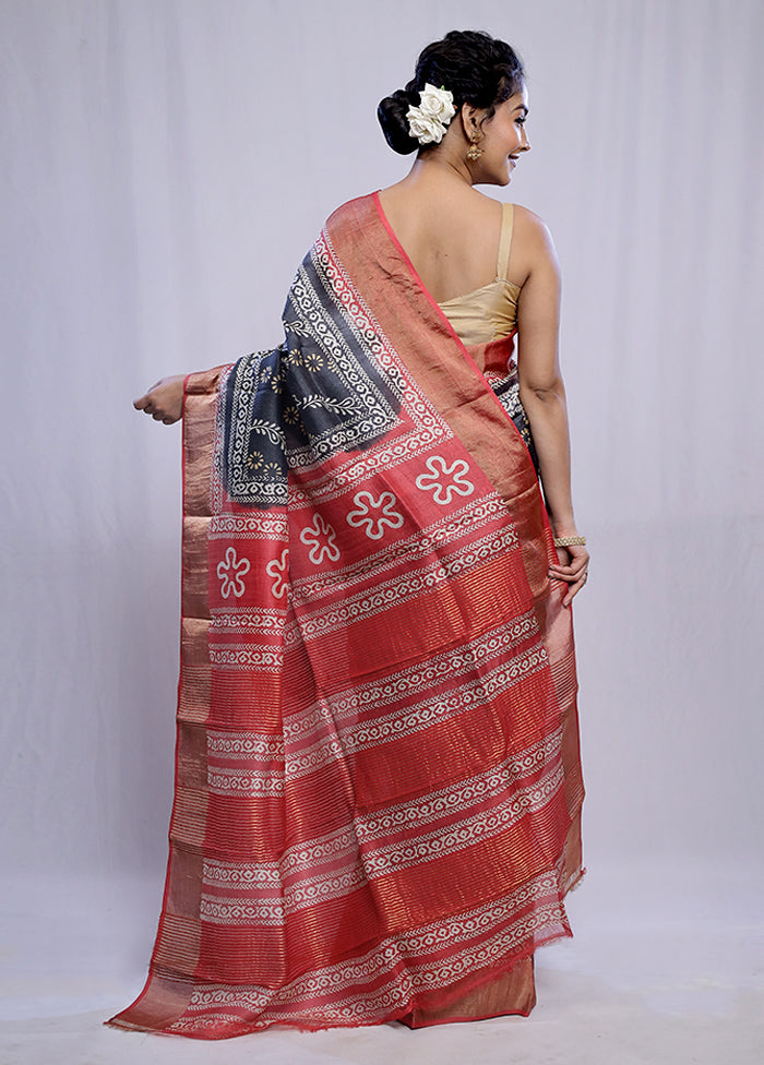 Grey Tussar Silk Saree With Blouse Piece - Indian Silk House Agencies