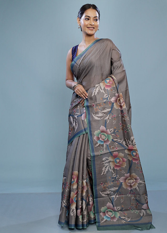 Grey Tussar Silk Saree With Blouse Piece - Indian Silk House Agencies