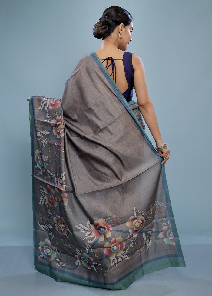 Grey Tussar Silk Saree With Blouse Piece - Indian Silk House Agencies