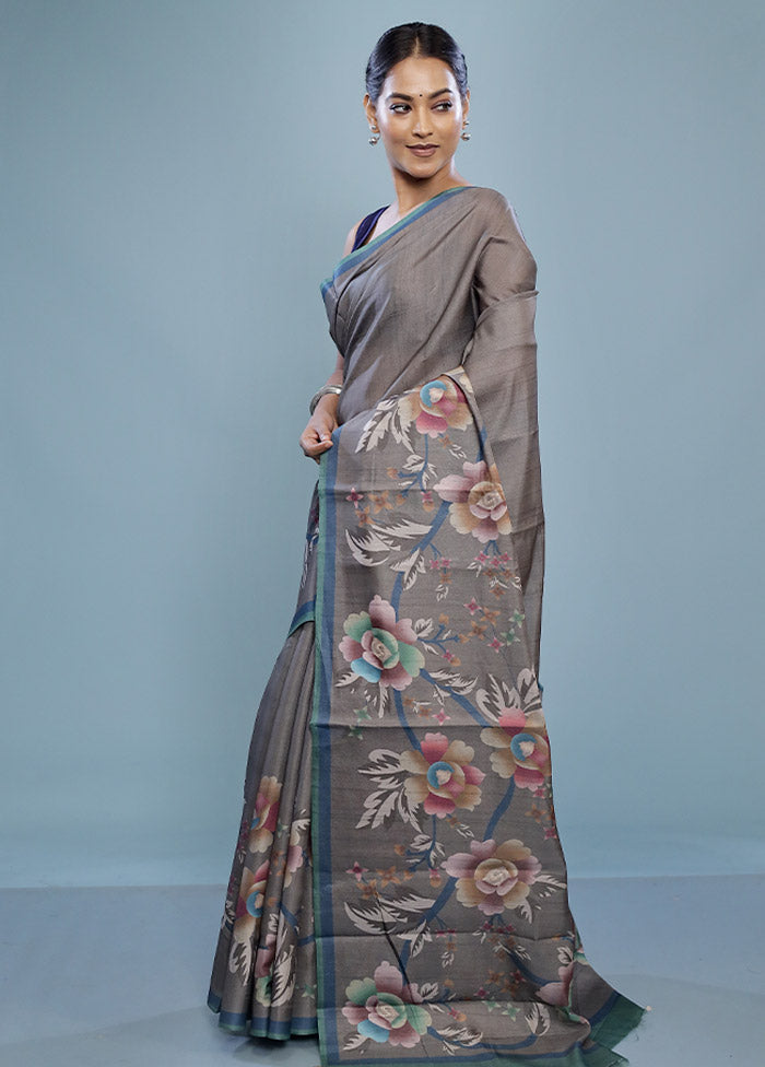 Grey Tussar Silk Saree With Blouse Piece - Indian Silk House Agencies