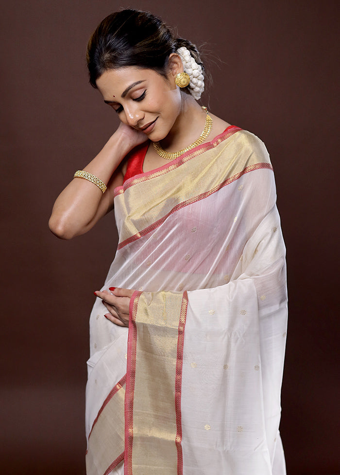 Cream Chanderi Pure Cotton Saree With Blouse Piece - Indian Silk House Agencies