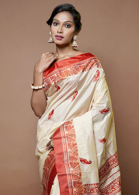 Cream Garad Pure Silk Saree Without Blouse Piece