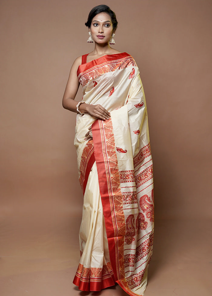 Cream Garad Pure Silk Saree Without Blouse Piece