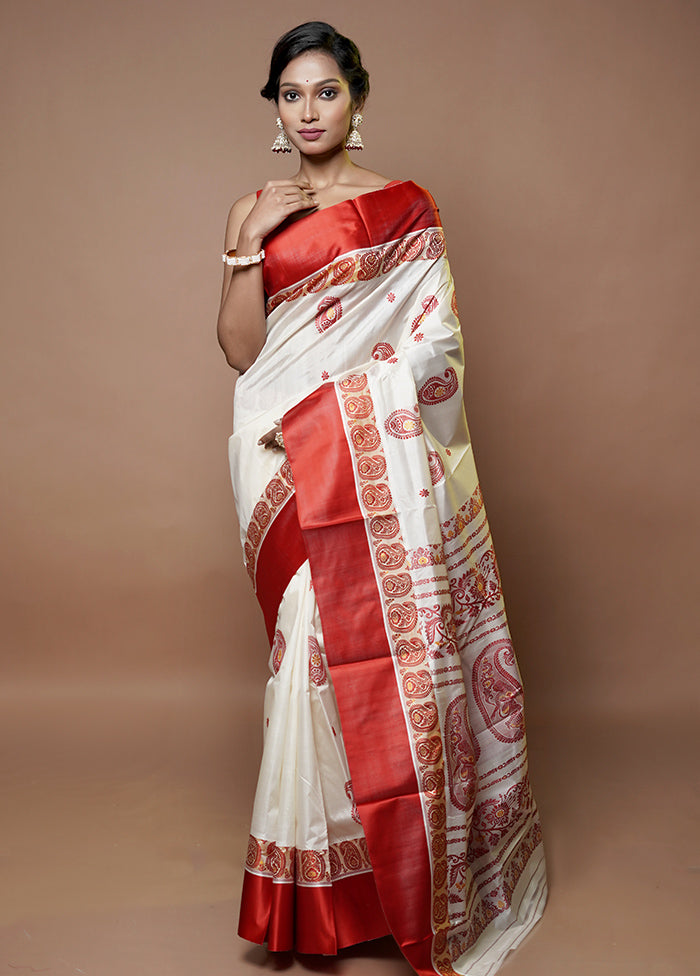 Cream Garad Pure Silk Saree Without Blouse Piece