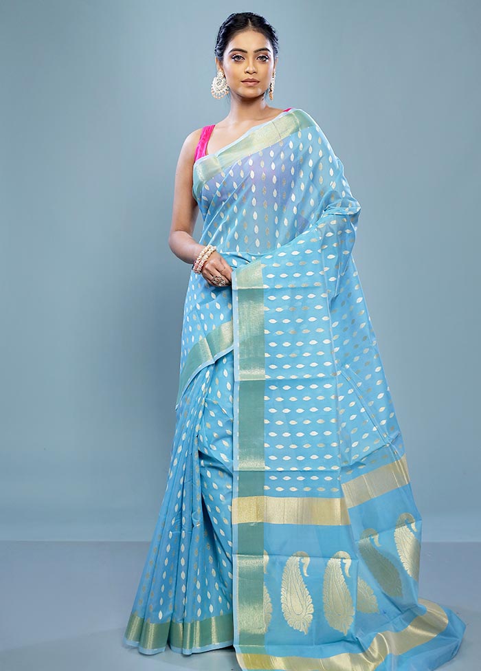 Blue Cotton Saree With Blouse Piece - Indian Silk House Agencies