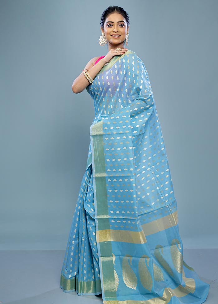 Blue Cotton Saree With Blouse Piece - Indian Silk House Agencies