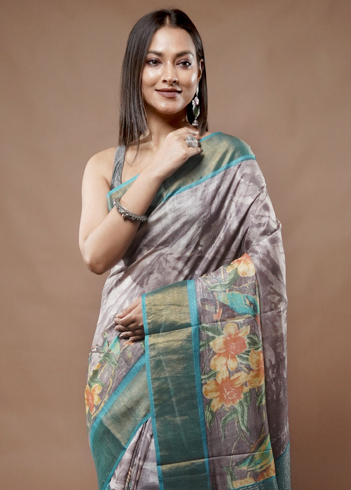 Grey Tussar Silk Saree With Blouse Piece - Indian Silk House Agencies