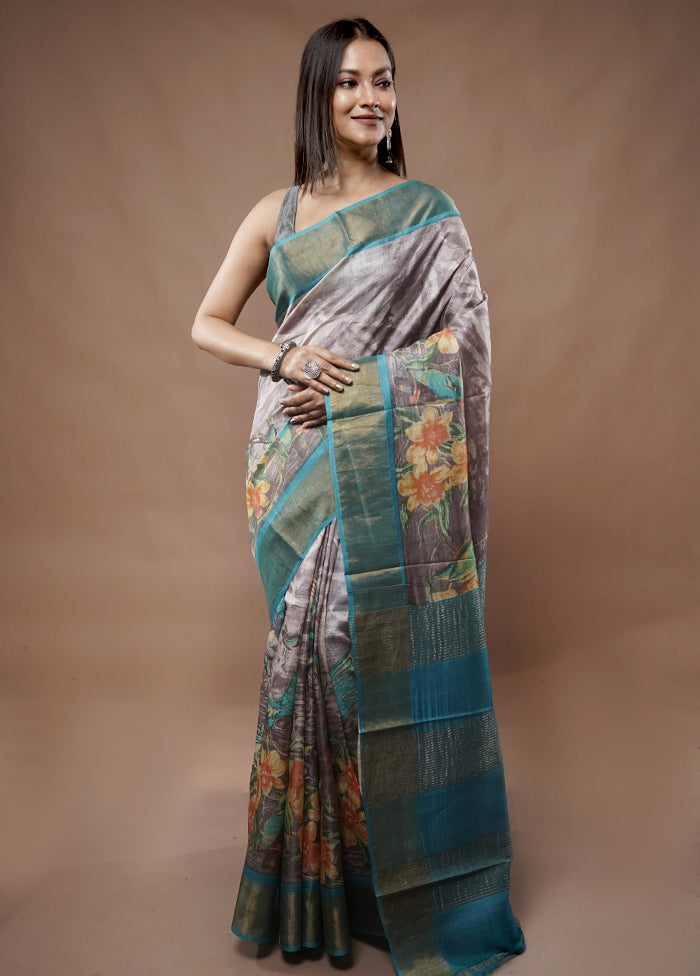 Grey Tussar Silk Saree With Blouse Piece - Indian Silk House Agencies