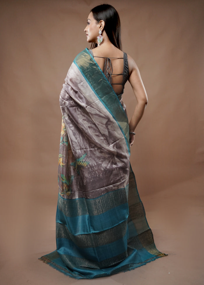 Grey Tussar Silk Saree With Blouse Piece - Indian Silk House Agencies