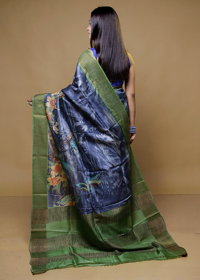 Blue Tussar Silk Saree With Blouse Piece