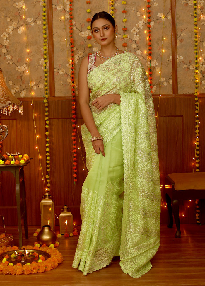 Green Pure Organza Saree With Blouse Piece - Indian Silk House Agencies