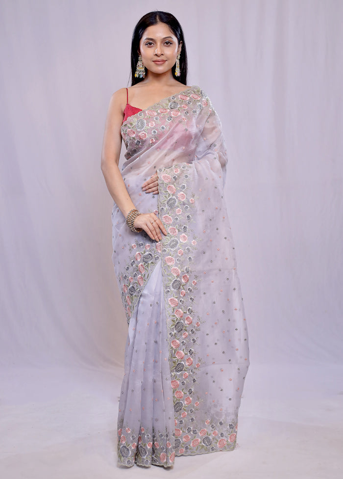 Grey Pure Organza Saree With Blouse Piece - Indian Silk House Agencies