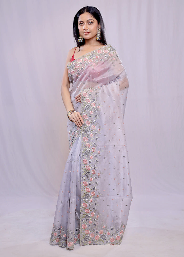 Grey Pure Organza Saree With Blouse Piece - Indian Silk House Agencies