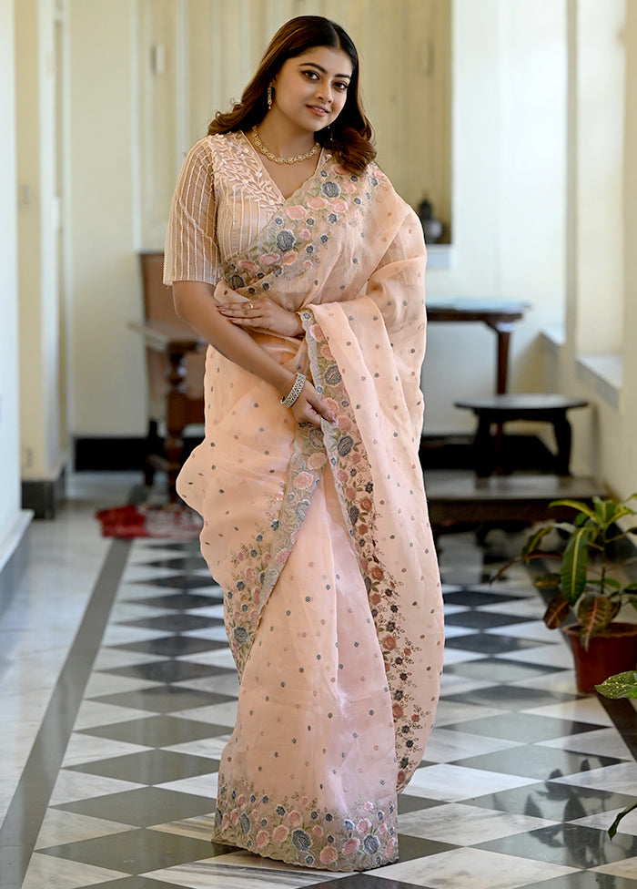 Peach Pure Organza Saree With Blouse Piece - Indian Silk House Agencies