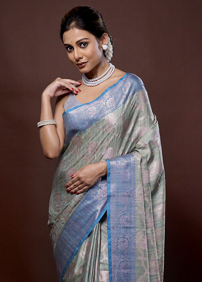 Green Dupion Silk Saree With Blouse Piece - Indian Silk House Agencies