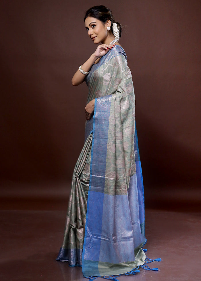 Green Dupion Silk Saree With Blouse Piece - Indian Silk House Agencies