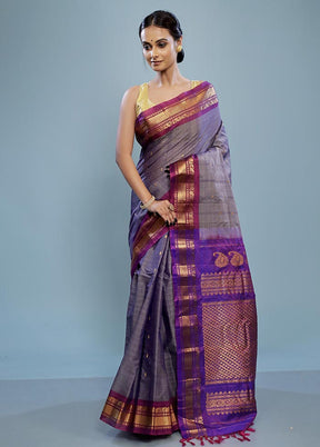 Grey Silk Cotton Gadwal Saree Without Blouse Piece - Indian Silk House Agencies