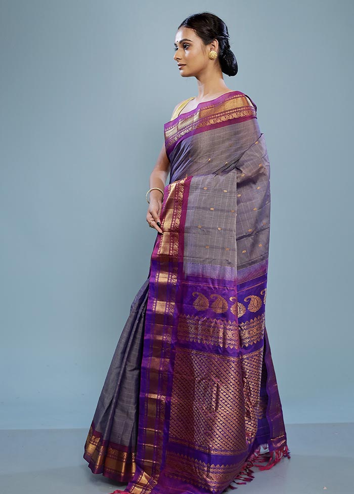 Grey Silk Cotton Gadwal Saree Without Blouse Piece - Indian Silk House Agencies