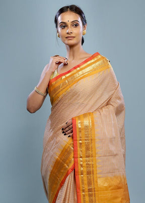 Cream Silk Cotton Gadwal Saree Without Blouse Piece - Indian Silk House Agencies