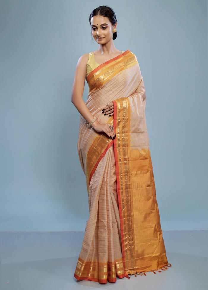 Cream Silk Cotton Gadwal Saree Without Blouse Piece - Indian Silk House Agencies