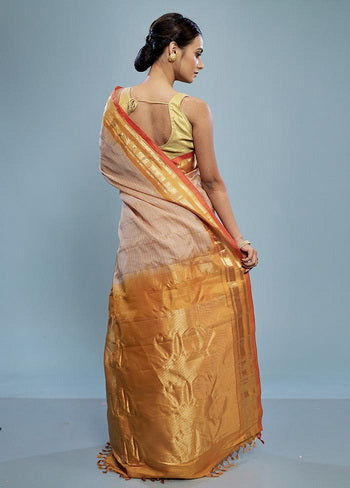 Cream Silk Cotton Gadwal Saree Without Blouse Piece - Indian Silk House Agencies