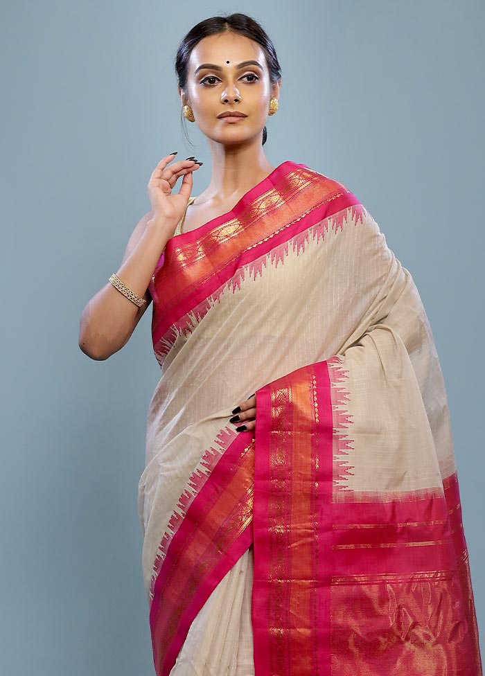 Cream Silk Cotton Gadwal Saree Without Blouse Piece - Indian Silk House Agencies