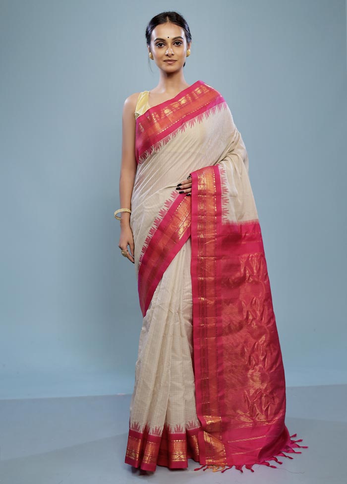 Cream Silk Cotton Gadwal Saree Without Blouse Piece - Indian Silk House Agencies