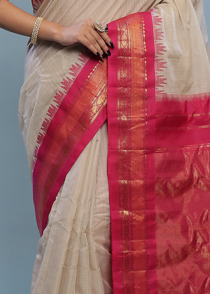 Cream Silk Cotton Gadwal Saree Without Blouse Piece - Indian Silk House Agencies