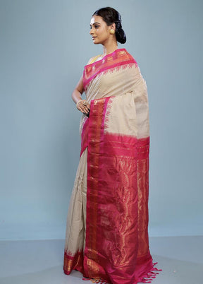 Cream Silk Cotton Gadwal Saree Without Blouse Piece - Indian Silk House Agencies