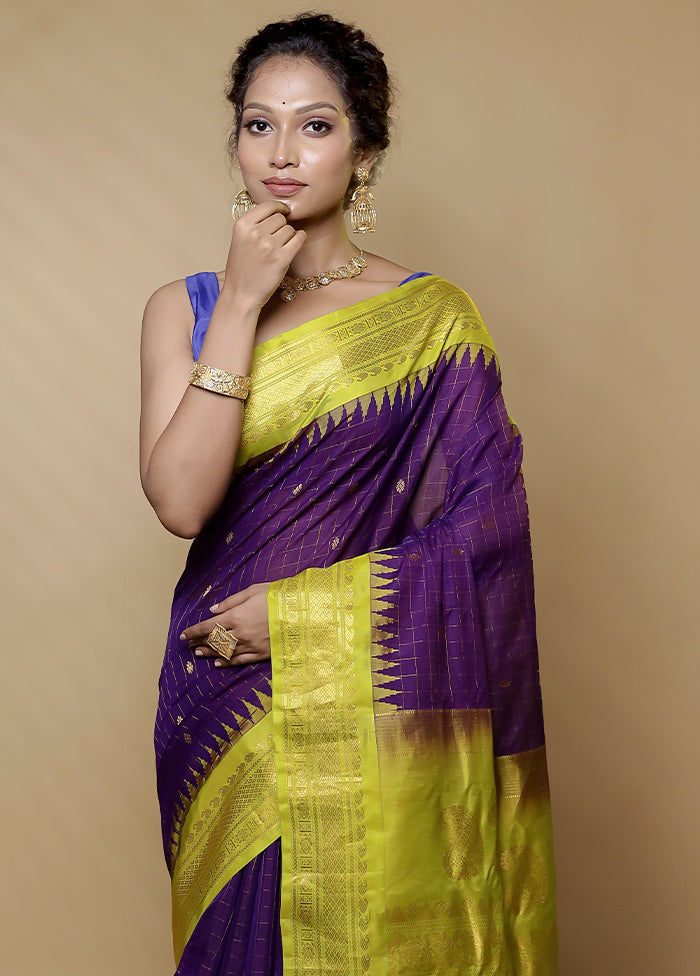 Purple Gadwal Pure Silk Saree Without Blouse Piece