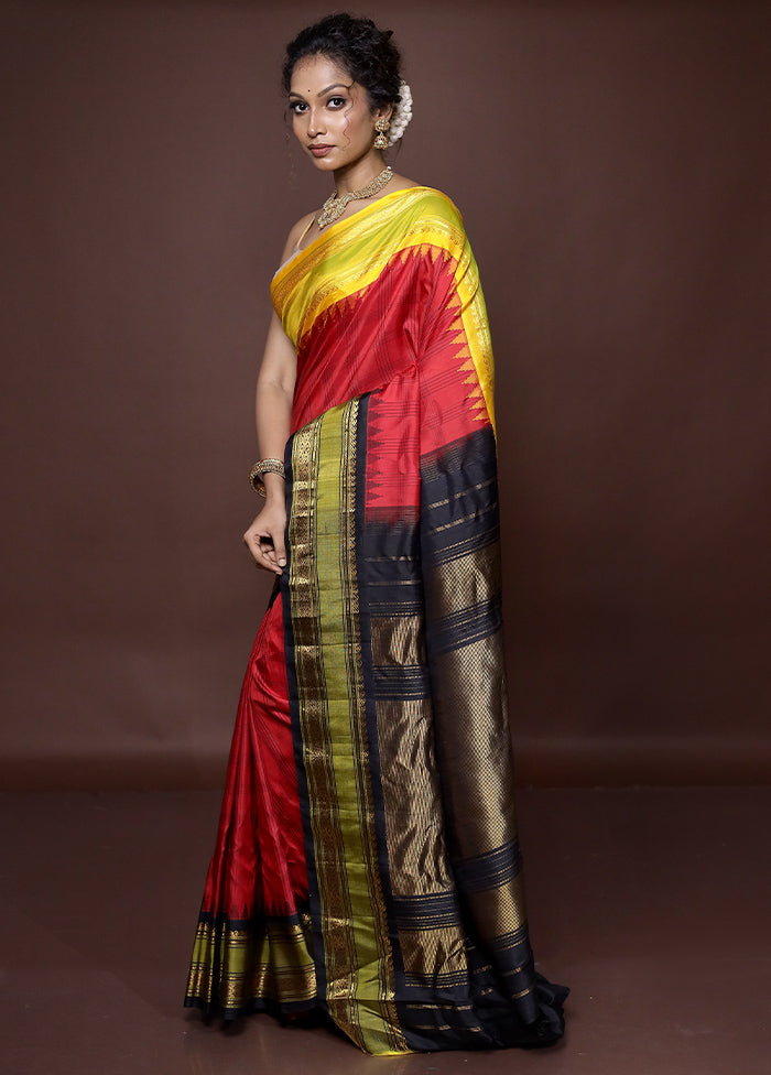 Red Gadwal Pure Silk Saree Without Blouse Piece