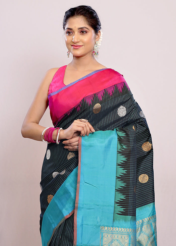 Black Gadwal Pure Silk Saree Without Blouse Piece - Indian Silk House Agencies