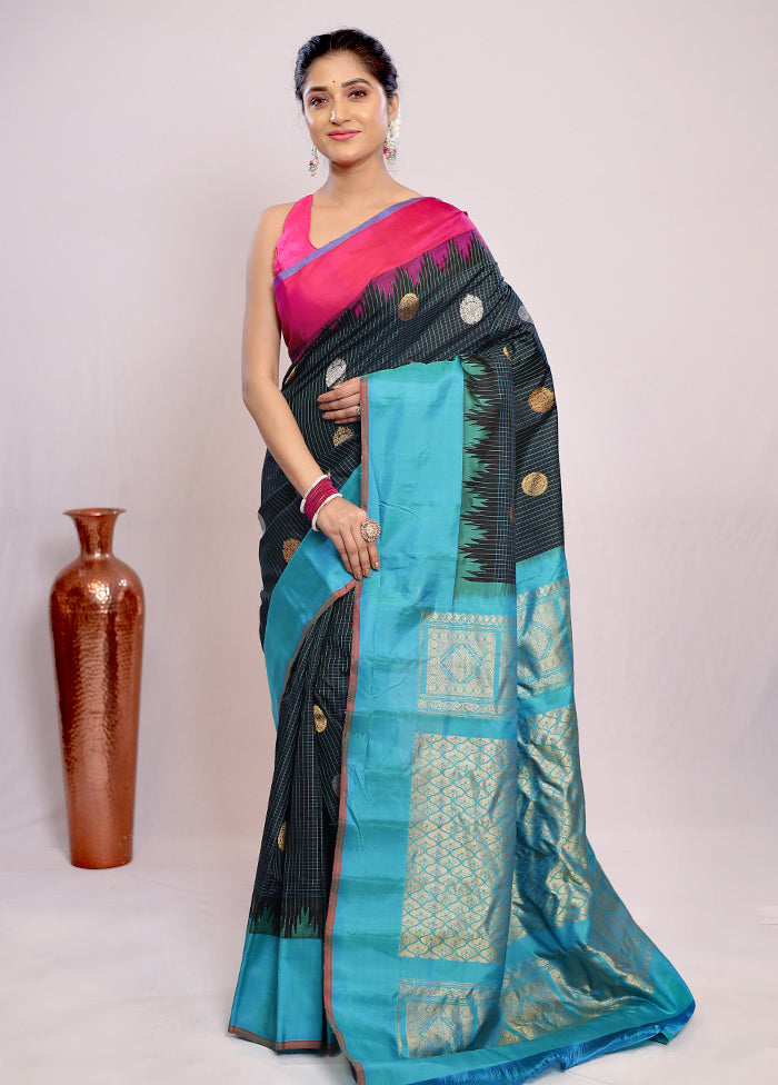 Black Gadwal Pure Silk Saree Without Blouse Piece - Indian Silk House Agencies