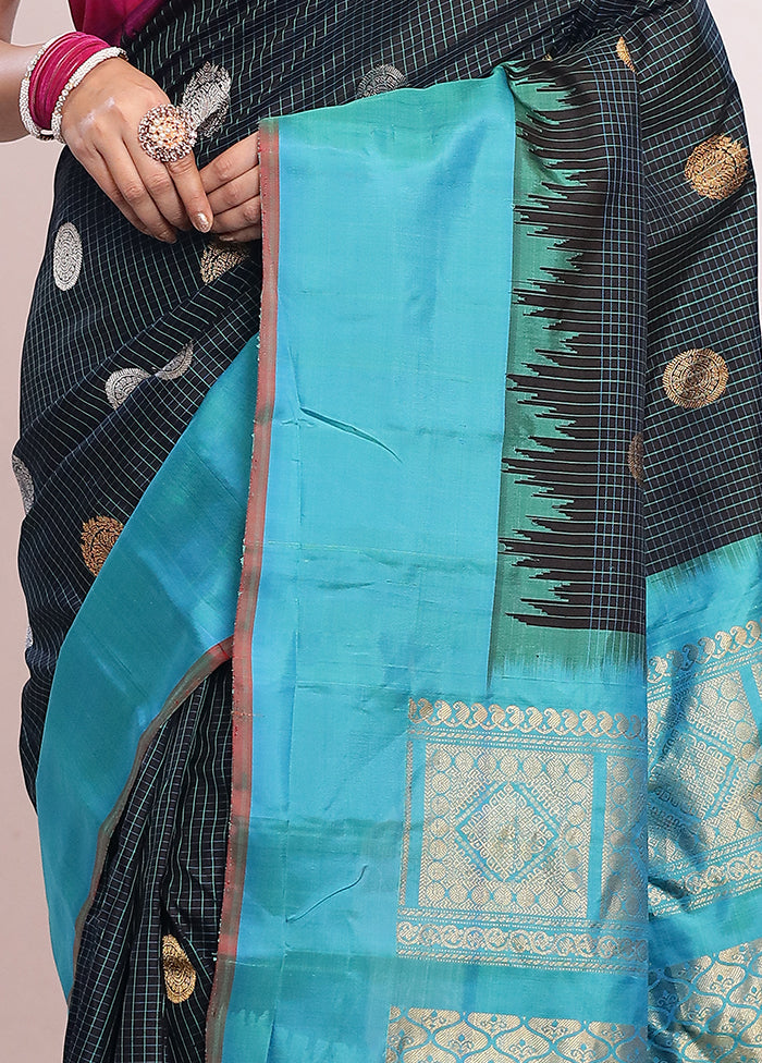 Black Gadwal Pure Silk Saree Without Blouse Piece - Indian Silk House Agencies