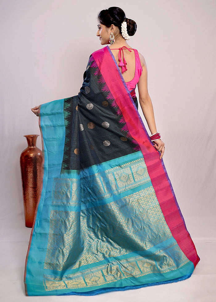 Black Gadwal Pure Silk Saree Without Blouse Piece - Indian Silk House Agencies