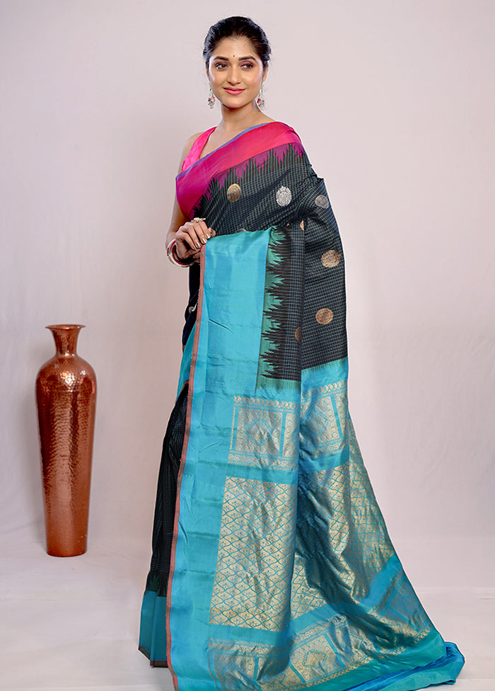 Black Gadwal Pure Silk Saree Without Blouse Piece - Indian Silk House Agencies