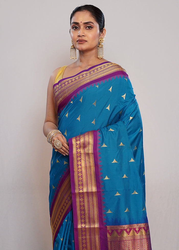 Blue Kanjivaram Silk Saree With Blouse Piece - Indian Silk House Agencies