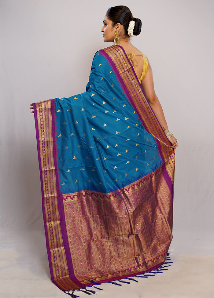 Blue Kanjivaram Silk Saree With Blouse Piece - Indian Silk House Agencies