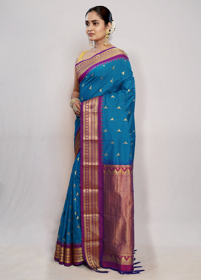 Blue Kanjivaram Silk Saree With Blouse Piece - Indian Silk House Agencies