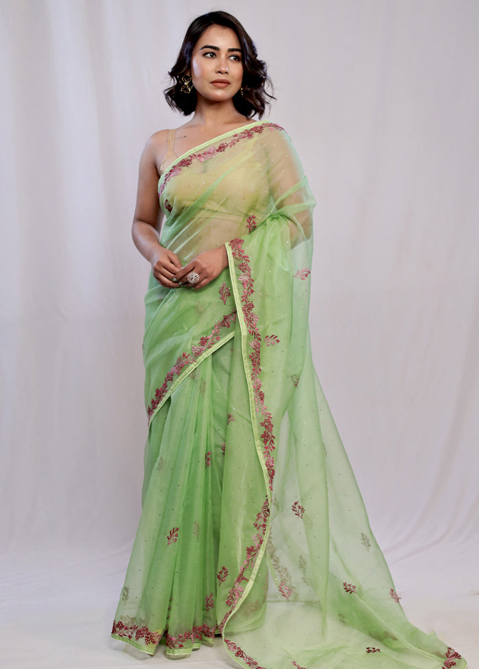 Green Organza Saree With Blouse Piece - Indian Silk House Agencies