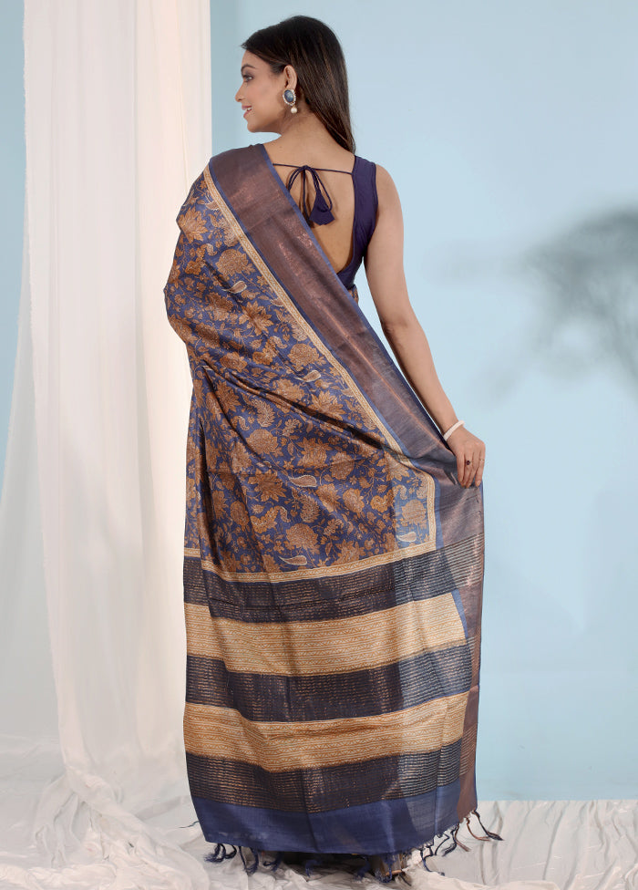 Blue Tussar Silk Saree With Blouse Piece - Indian Silk House Agencies