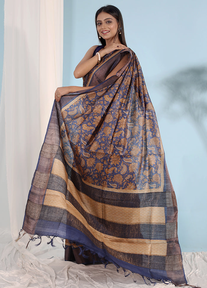 Blue Tussar Silk Saree With Blouse Piece - Indian Silk House Agencies