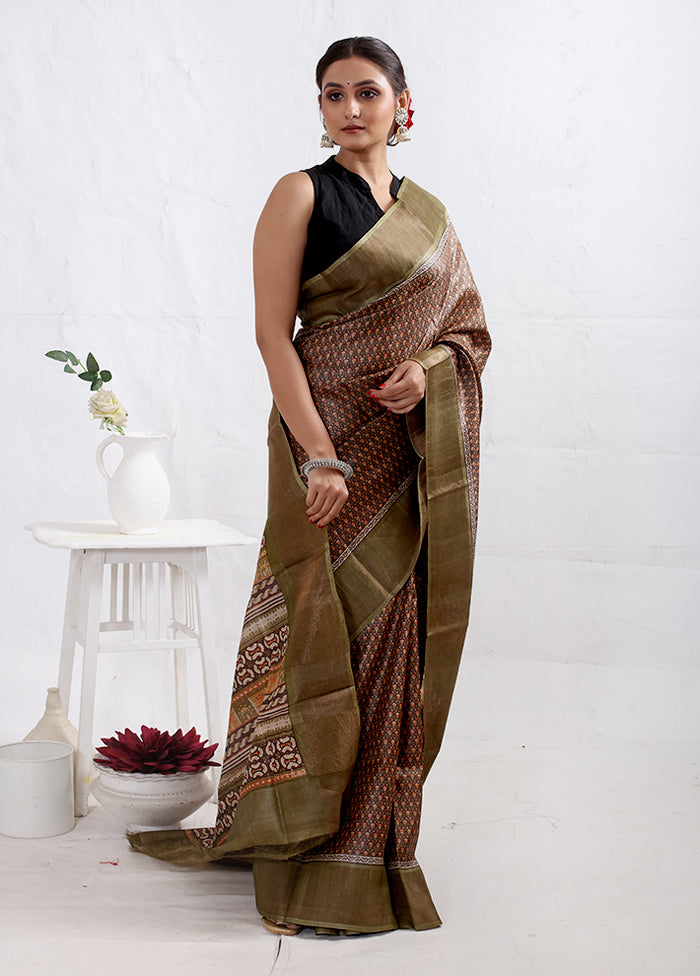 Brown Tussar Silk Saree With Blouse Piece - Indian Silk House Agencies