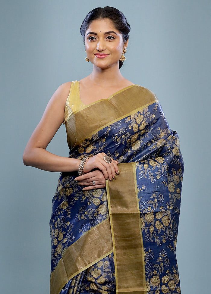 Blue Tussar Silk Saree With Blouse Piece - Indian Silk House Agencies