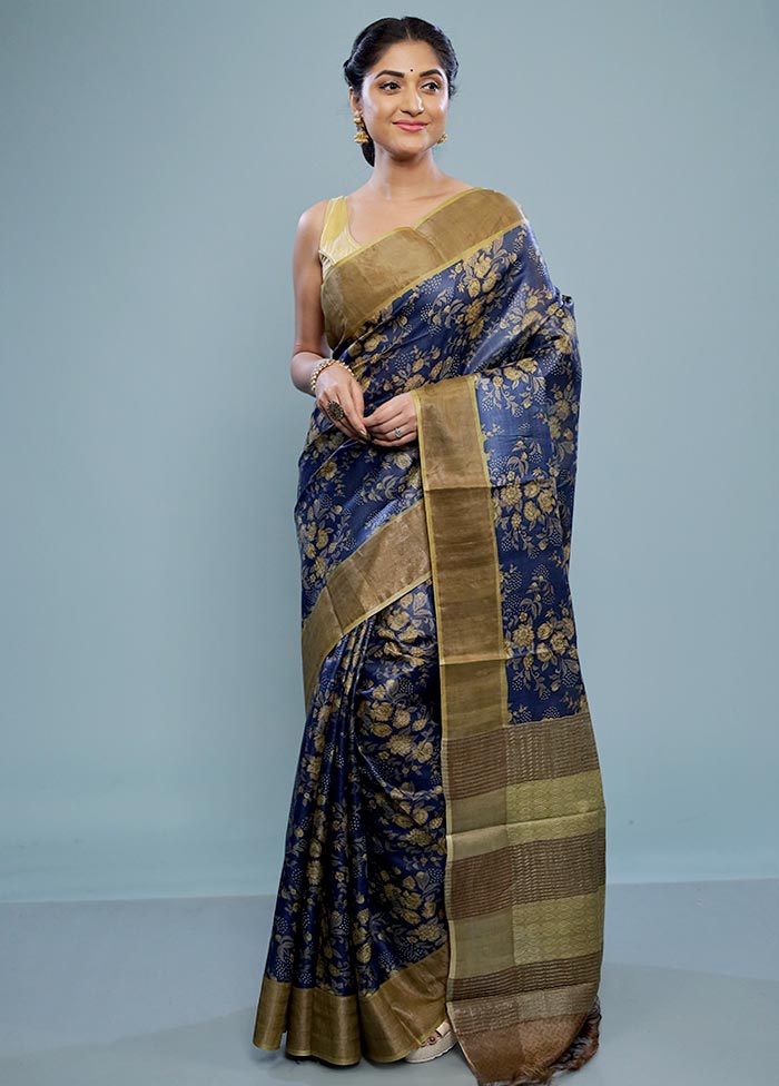 Blue Tussar Silk Saree With Blouse Piece - Indian Silk House Agencies