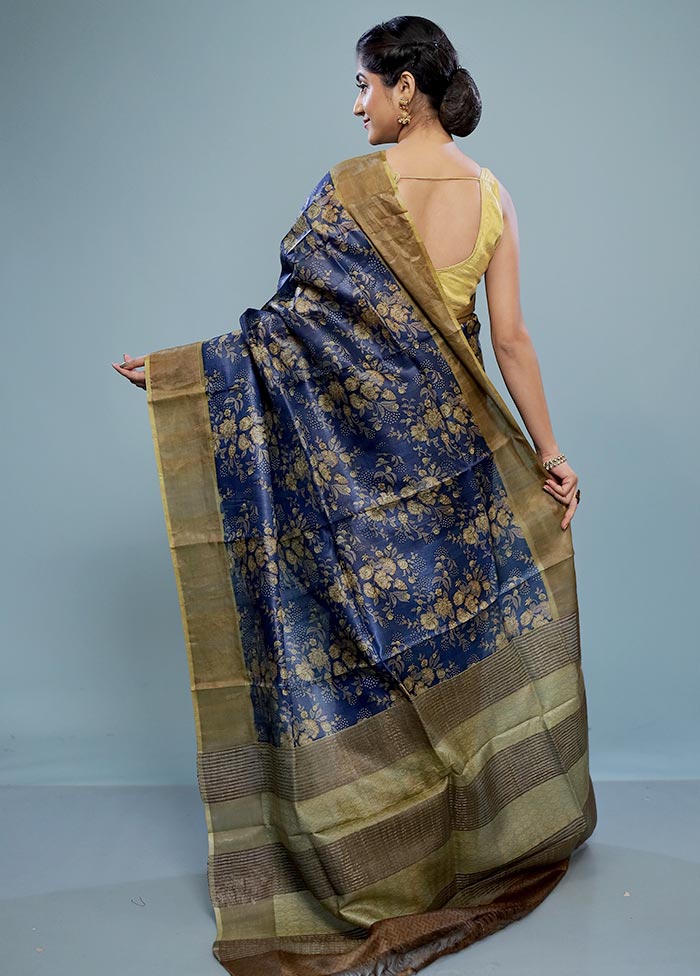 Blue Tussar Silk Saree With Blouse Piece - Indian Silk House Agencies