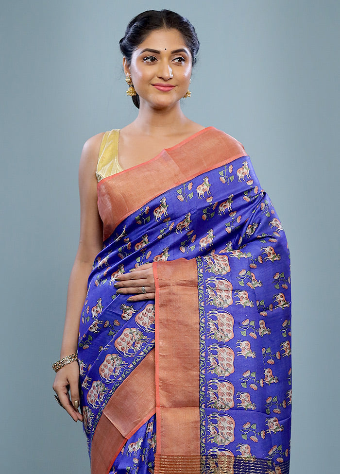 Blue Tussar Silk Saree With Blouse Piece - Indian Silk House Agencies