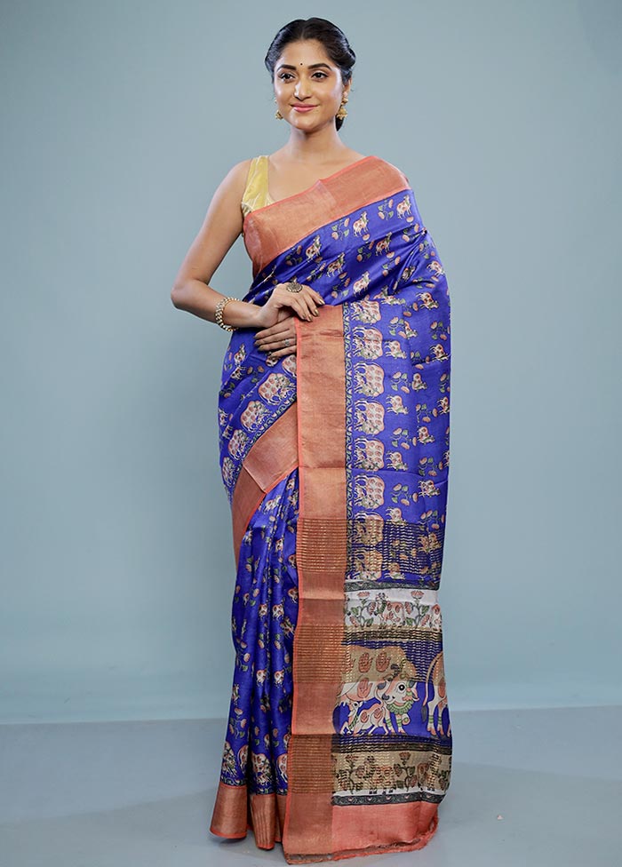 Blue Tussar Silk Saree With Blouse Piece - Indian Silk House Agencies